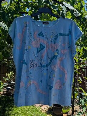 VINTAGE Light Blue Abstract Print Cap Sleeve Top